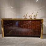 Four-Door Sideboard with High-Gloss Burl Wood Veneer Polished Gold-Finish Stainless Steel Frame and Spacious Shelved Storage